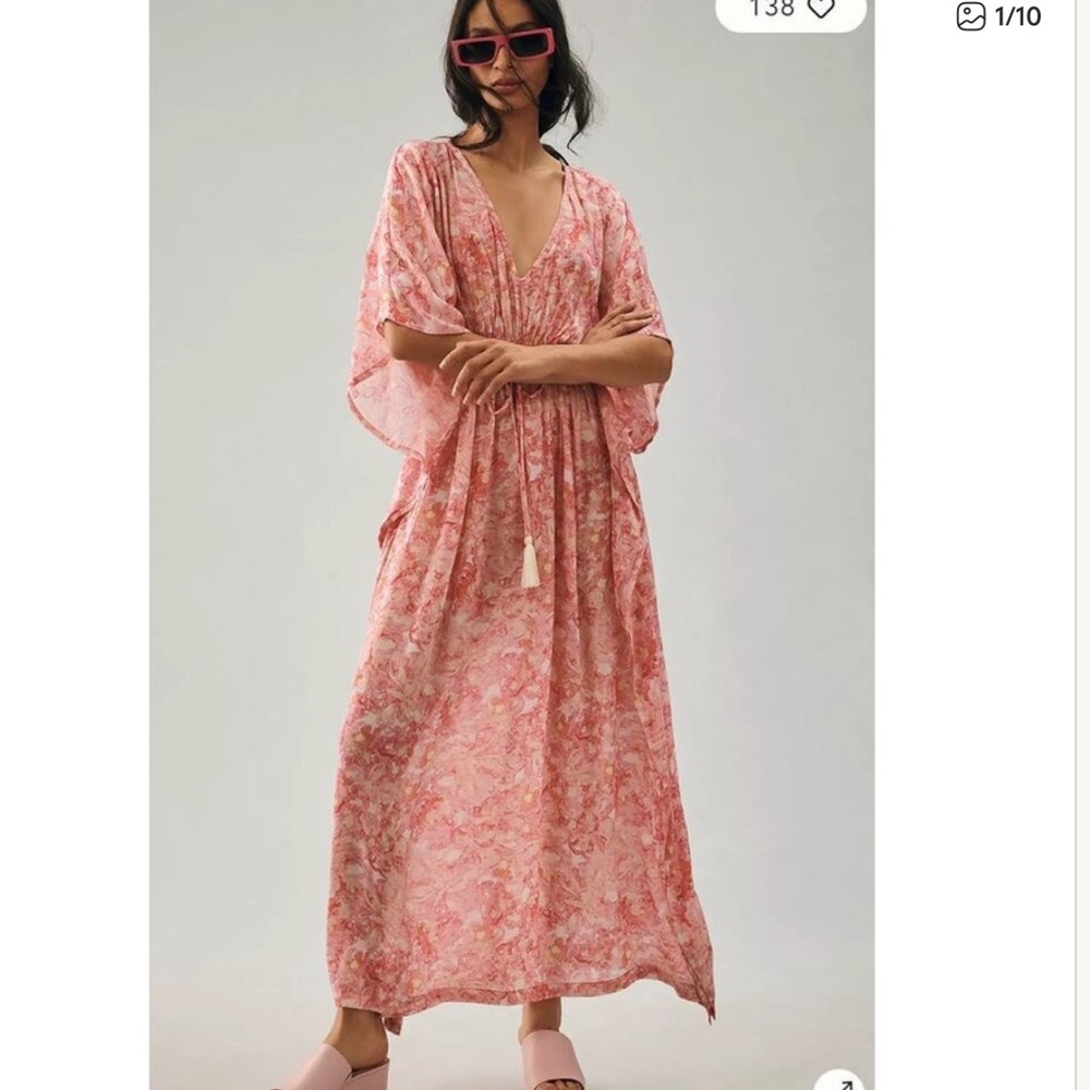 Anthropolgie Rujuta Sheth Pink Floral Marie Cinched Kaftan Dress One Size